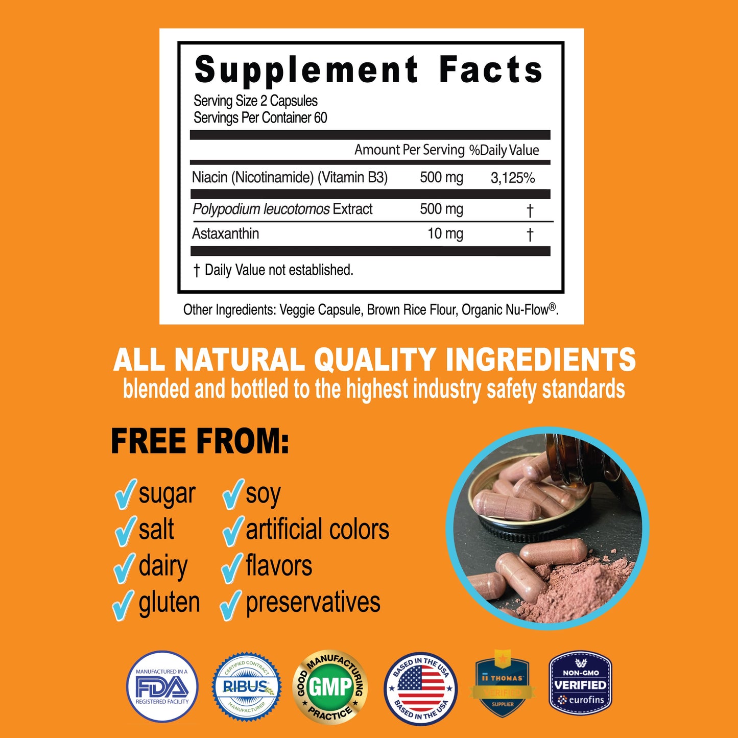 SunTru Ultra 3 daily skin Supplement Facts panel. Headline Text - ALL NATURAL QUALITY INGREDIENTS blended and bottled to the highest industry safety standards. Nicotinamide (B3) 500 mg Polypodium leucotomos Extract 500 mg Astaxanthin 10 mg FREE FROM  sugar, salt, dairy, gluten, soy, artificial colors, flavors and preservatives
